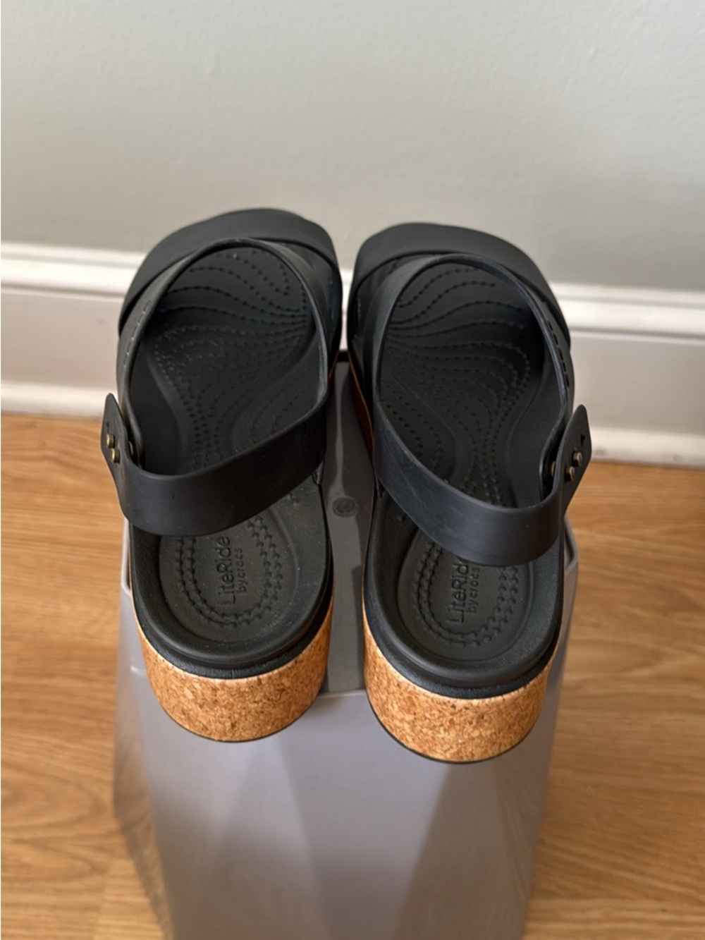 CROCS Black Platform Sandals with Cork Wedge - Picture 3 of 4